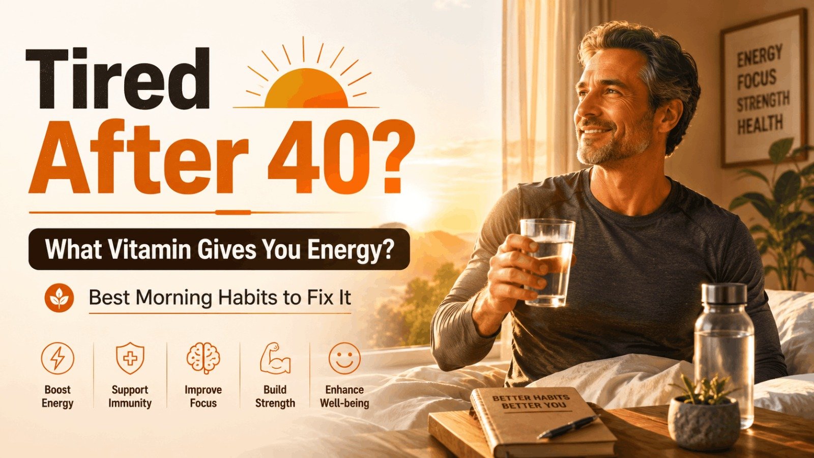 Infographic showing reasons for low morning energy in men over 40, including poor sleep, dehydration, stress, and low movement.