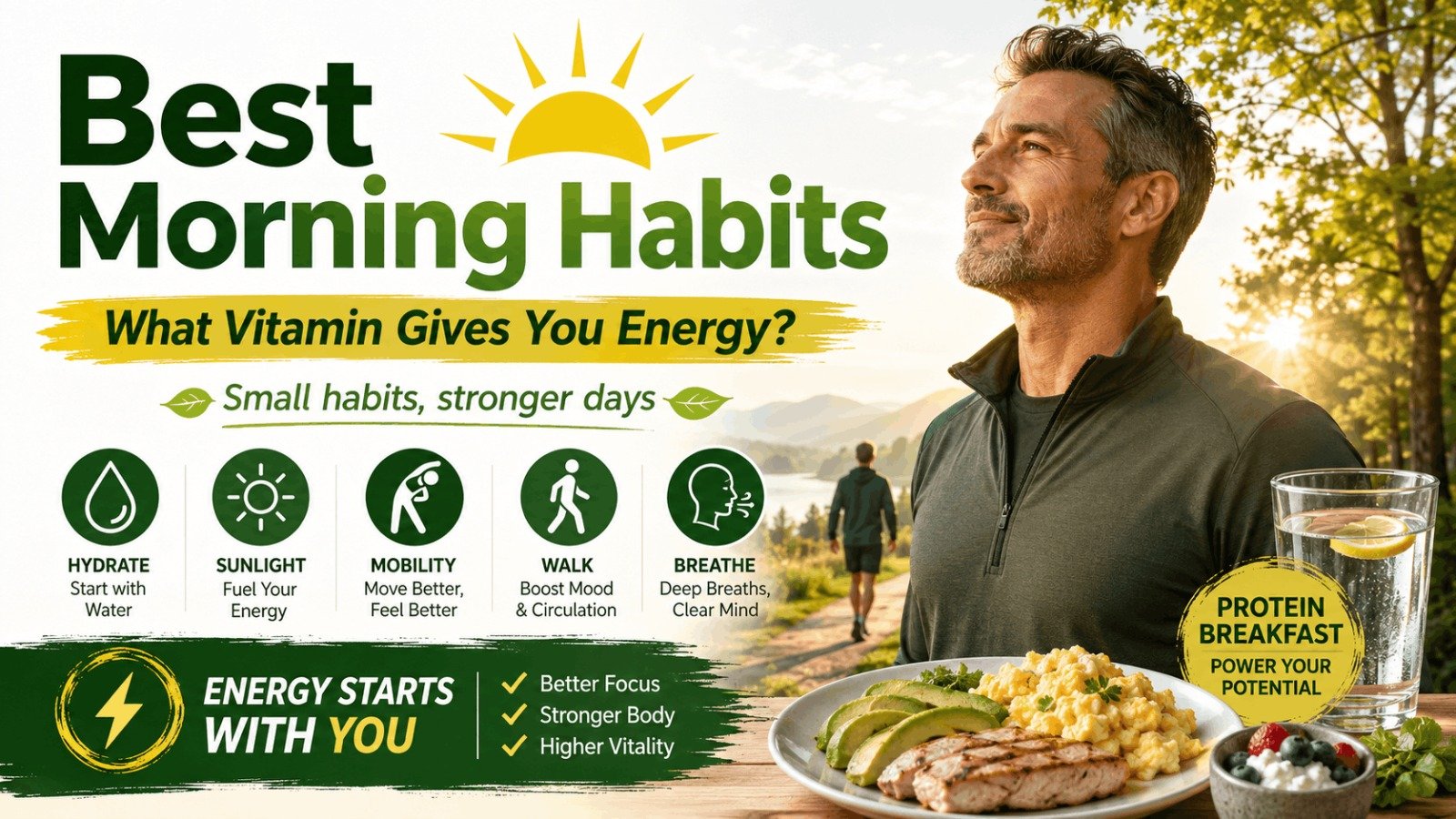 A healthy middle-aged man smiling in natural morning sunlight with icons of hydration, mobility, walking, and deep breathing.