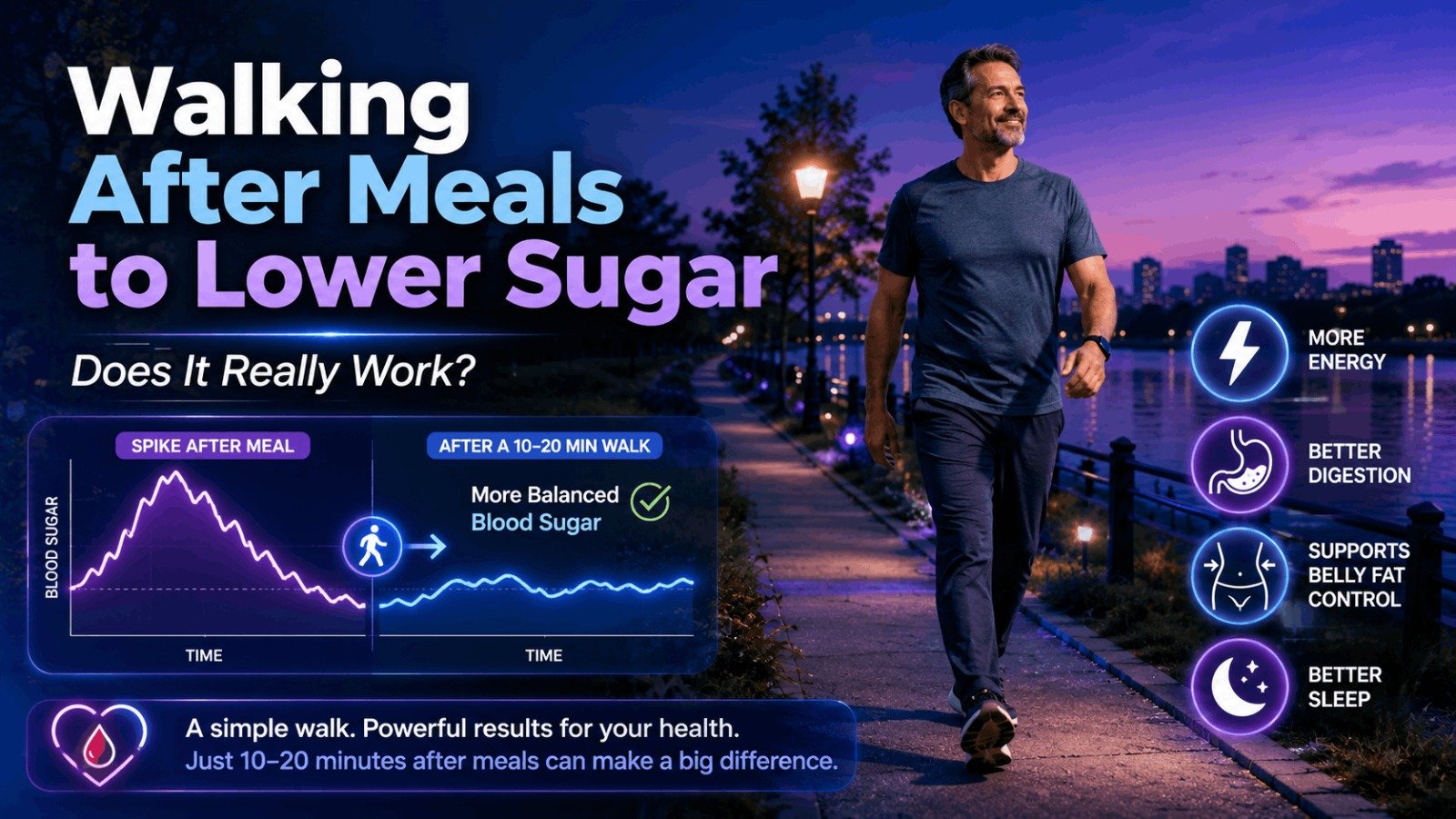 A man walking outside in the evening next to a graph showing how walking helps lower blood sugar spikes and boost energy.