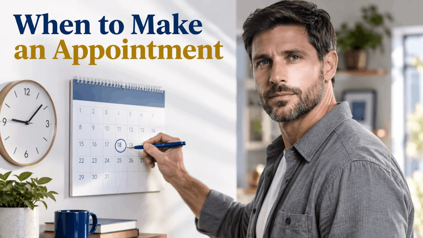 A man marking a date on a wall calendar with text overlay When to Make an Appointment.