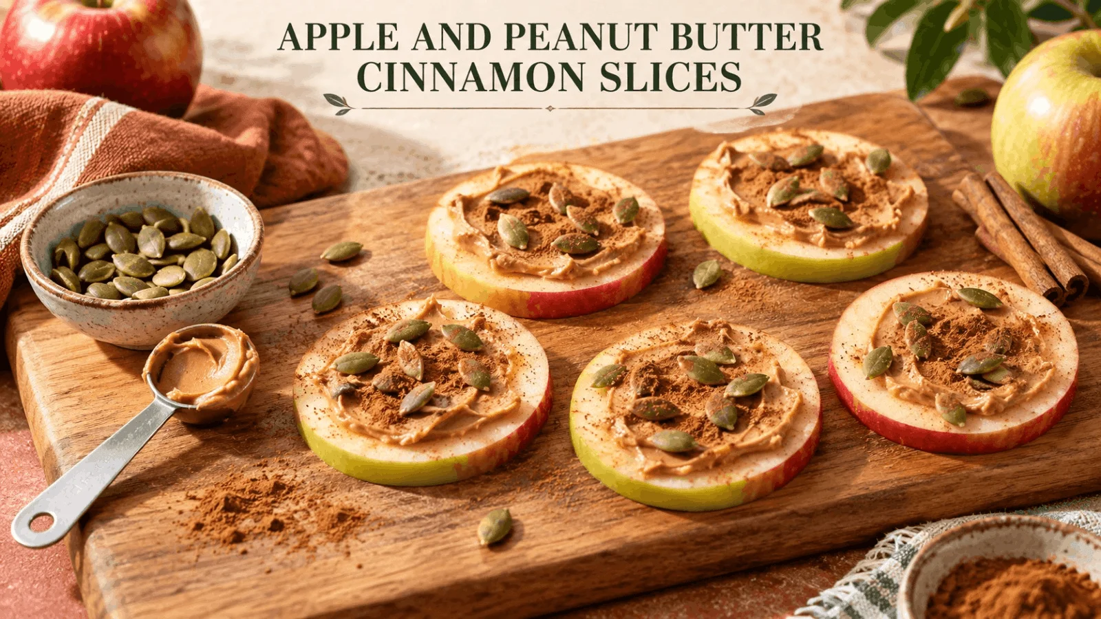 Sliced apples topped with natural peanut butter, cinnamon sprinkle, and pumpkin seeds on a wooden board