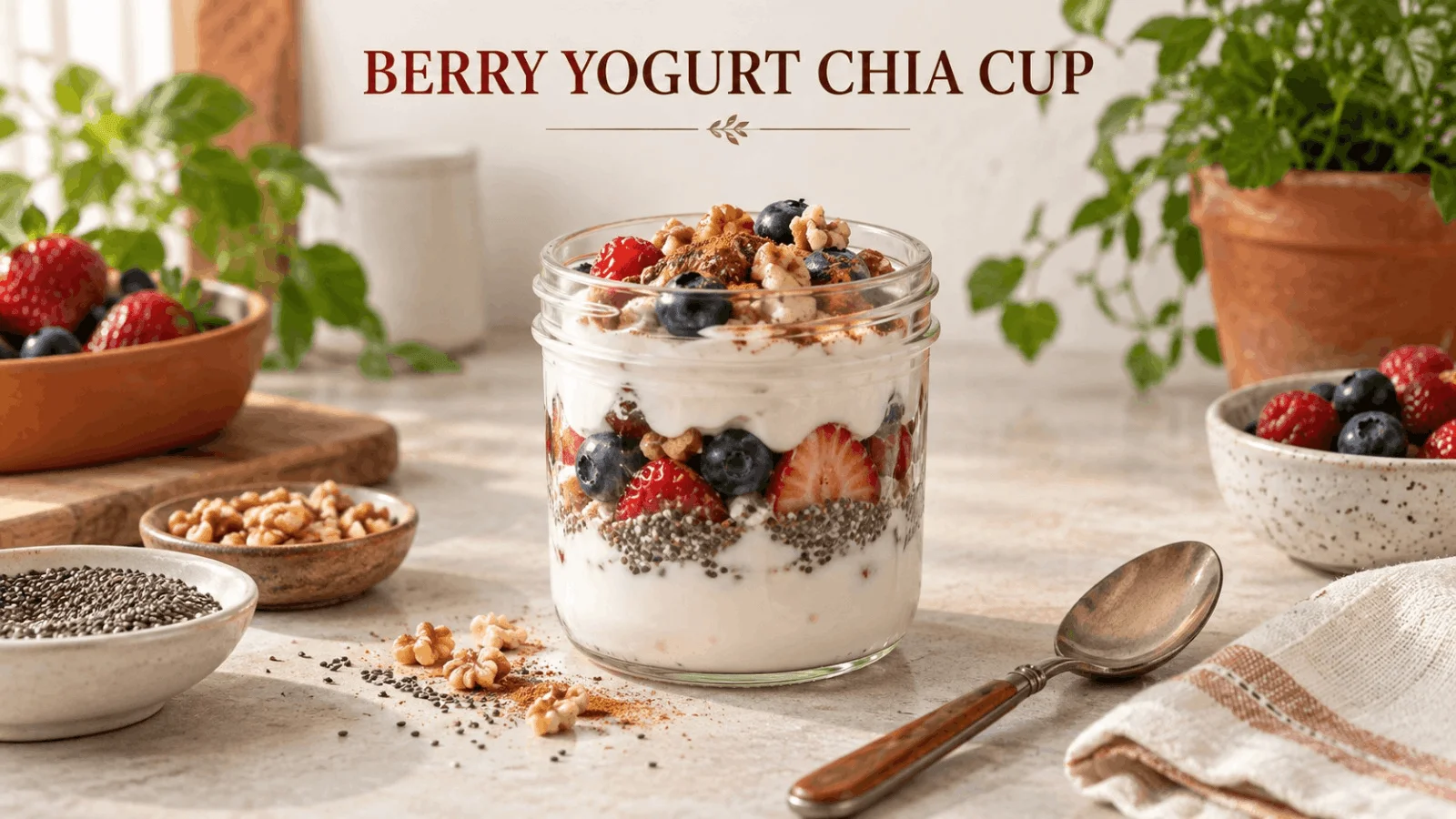 Berry yogurt chia cup layered with fresh strawberries, blueberries, chia seeds, and walnuts in a glass jar.