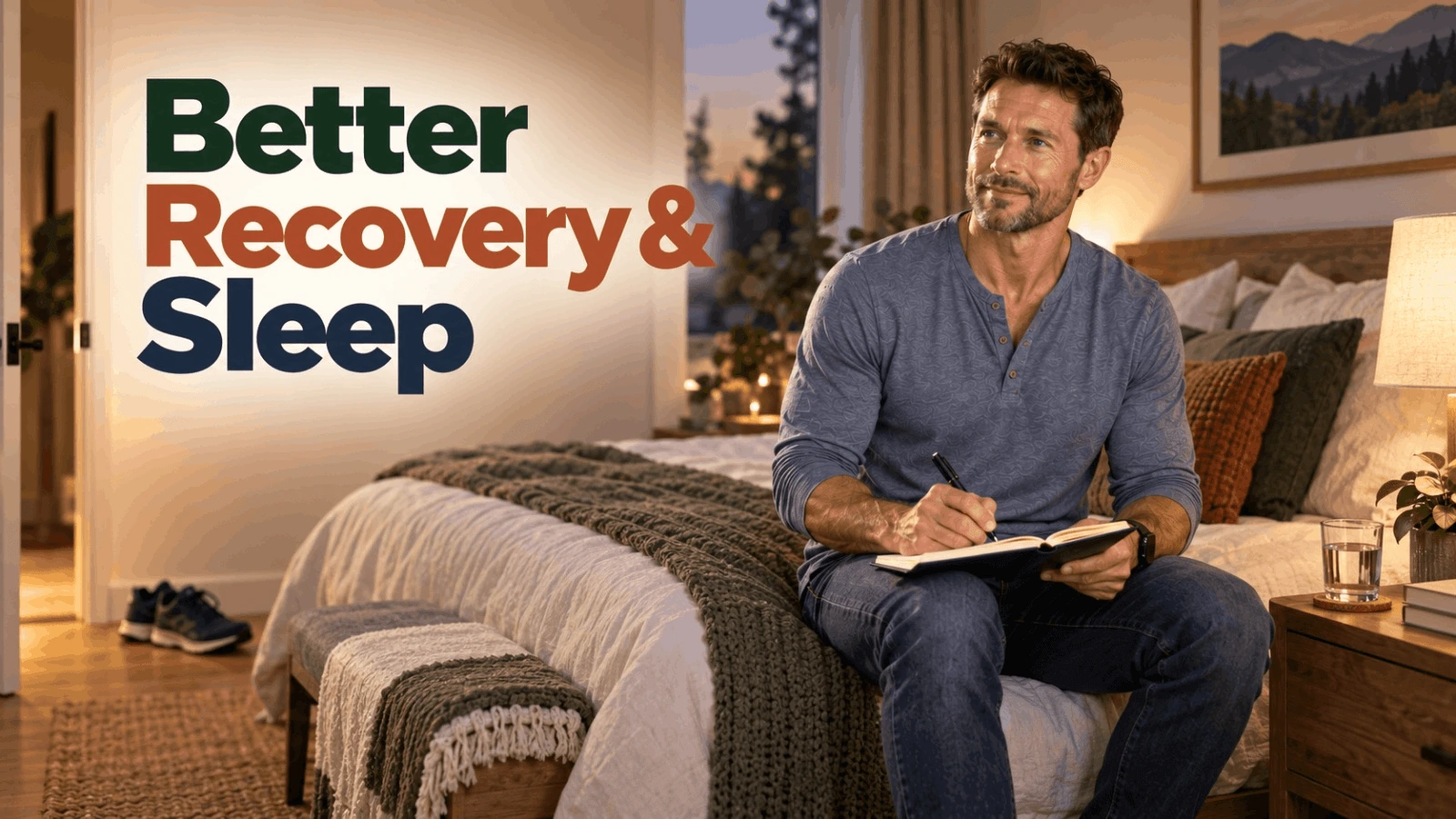 A man sitting on bed journaling about better recovery and sleep as part of male vitality