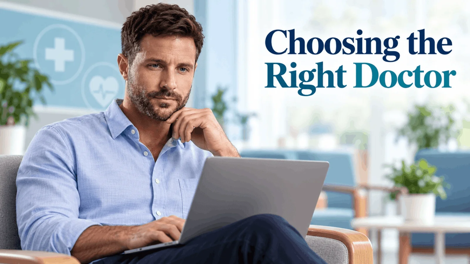 A middle-aged man thoughtfully looking at his laptop screen with text overlay Choosing the Right Doctor.