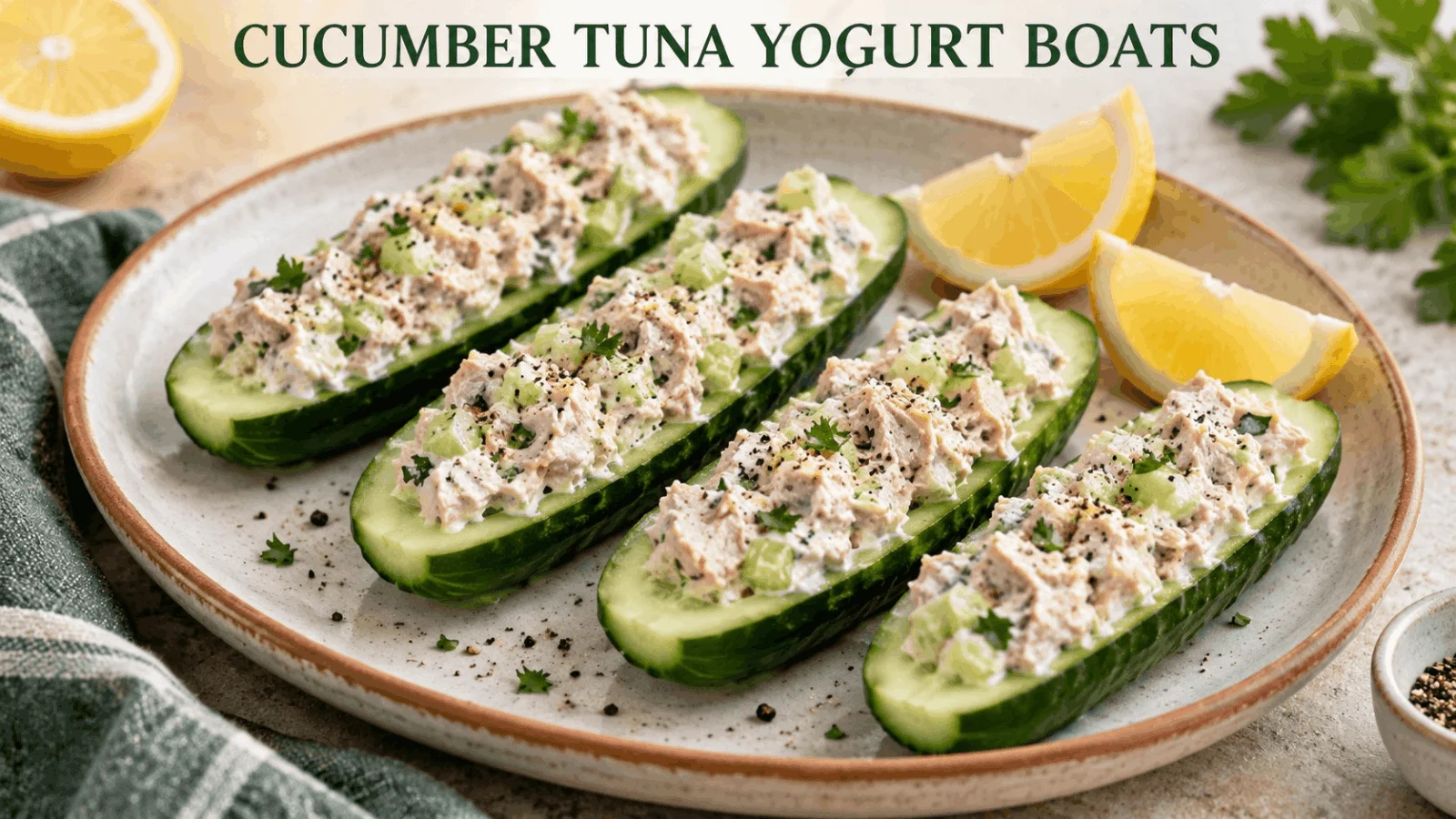 Cucumber halves stuffed with tuna yogurt mixture and fresh herbs served on a ceramic plate.