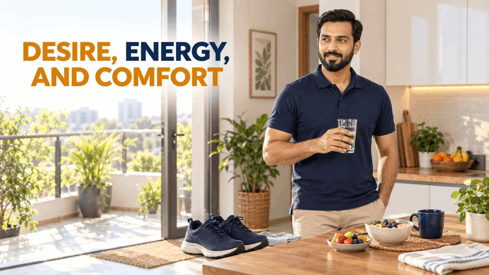 A man in a bright setting representing desire, energy, and physical comfort for men over 40