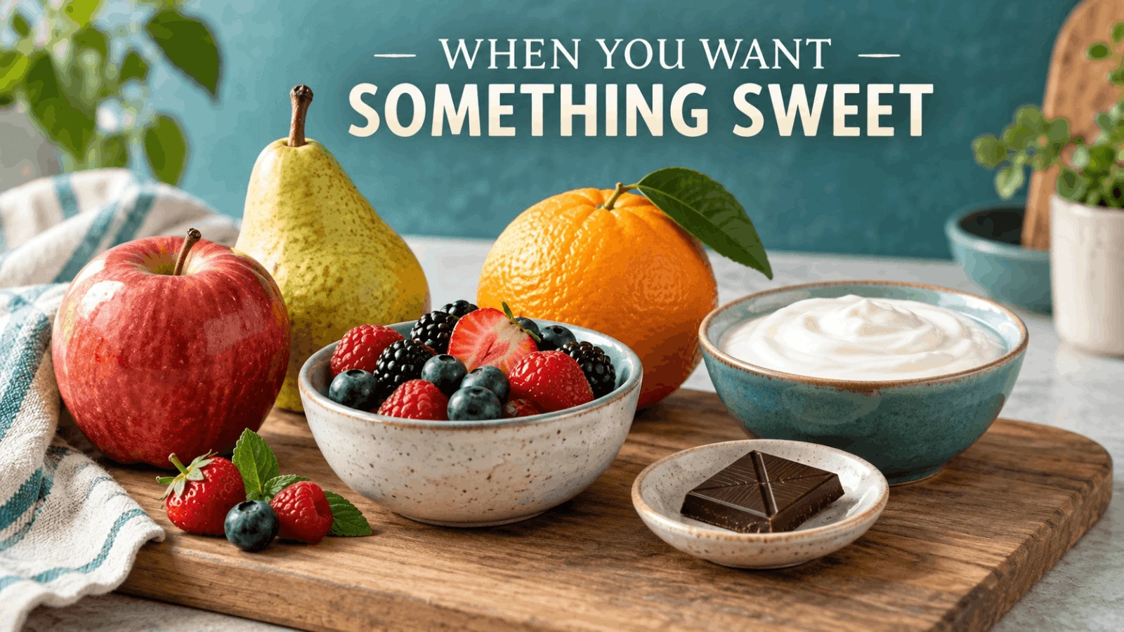 Healthy sweet diabetes snack options including fresh apple, pear, orange, bowl of berries, plain yogurt, and a piece of dark chocolate.