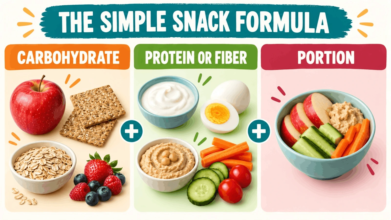 Infographic showing the simple diabetes snack formula combining carbohydrates, protein or fiber, and portion control.