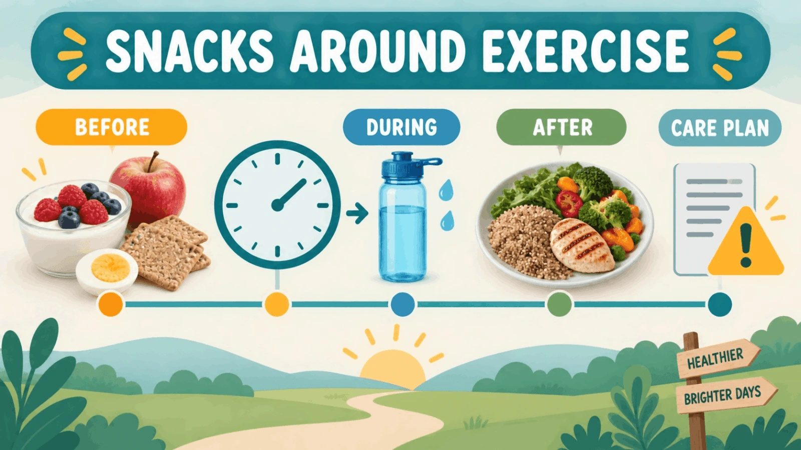 Diagram showing recommended diabetes snack timing before, during, and after exercise along with care plan tips.