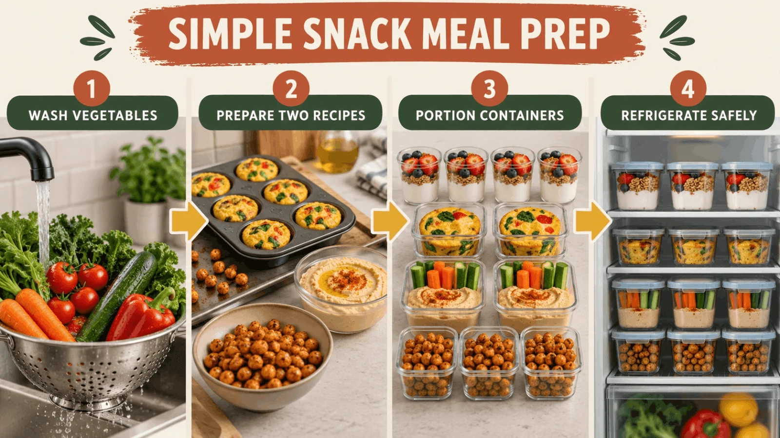 Step-by-step 4-stage meal prep infographic showing washing vegetables, preparing recipes, portioning containers, and safe refrigeration