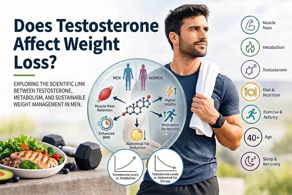 Infographic explaining how testosterone affects male weight loss, muscle mass retention, and metabolism for men over 40.