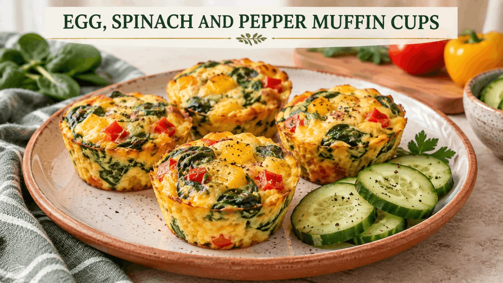 Freshly baked egg spinach and pepper muffin cups served on a plate with sliced cucumbers.
