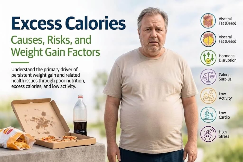 An informative infographic illustrating how excess calorie intake and low physical activity contribute to weight gain, visceral fat accumulation, and health risks in men.
