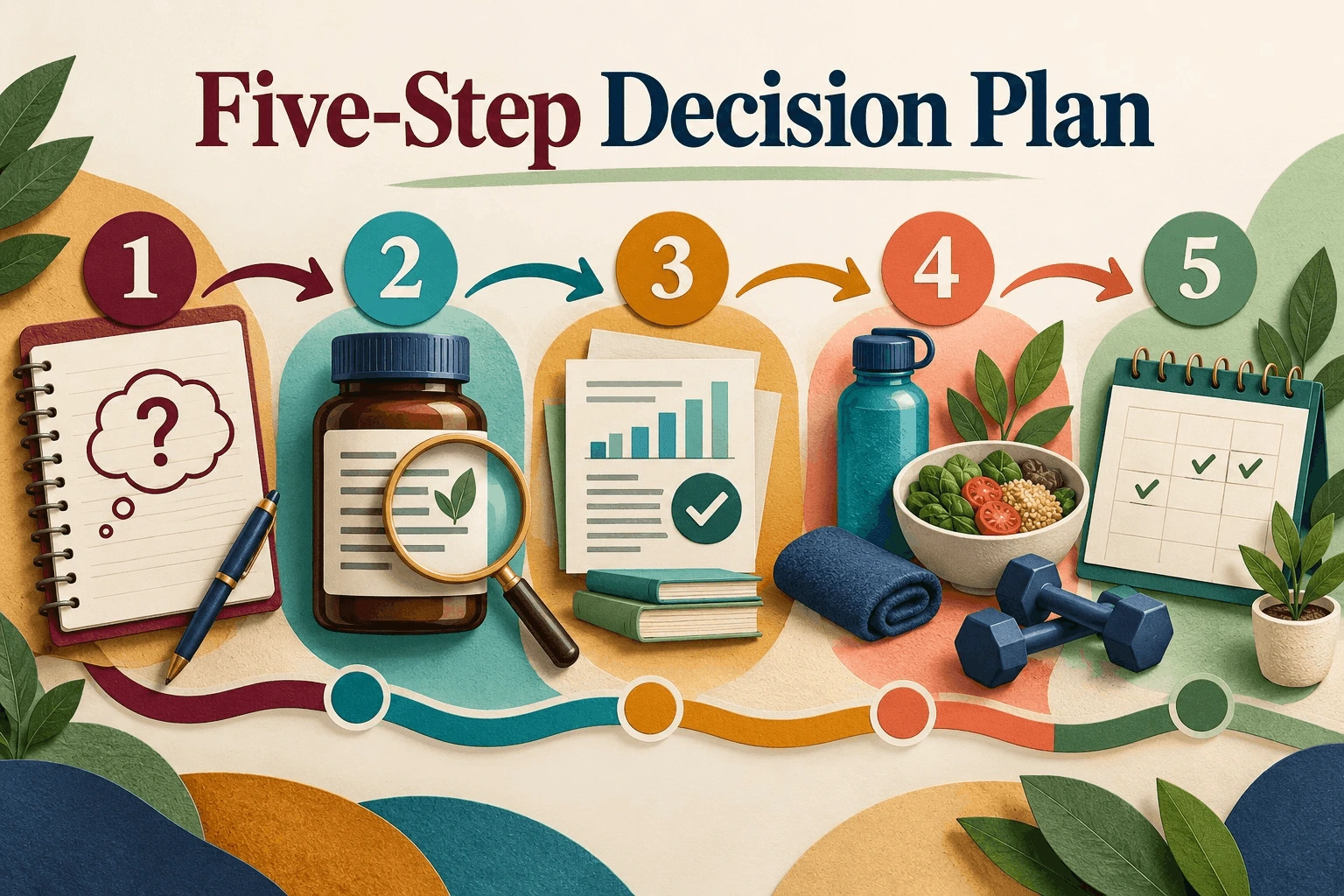 Visual 5-step decision workflow from identifying symptoms to label checking, research, lifestyle habits, and review.