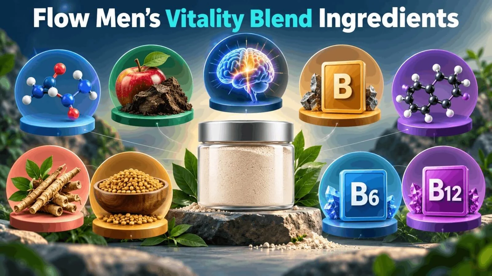 Overview of Flow Men's Vitality Blend active ingredients including Citrulline, Ashwagandha, and B Vitamins.