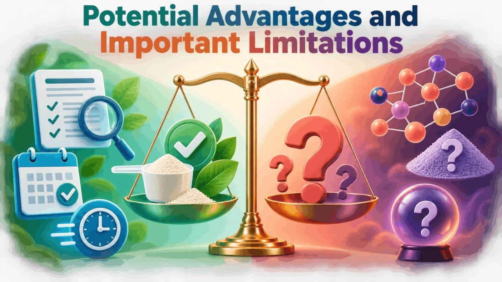 A balance scale comparing potential advantages and limitations of Flow Men's Vitality Blend.