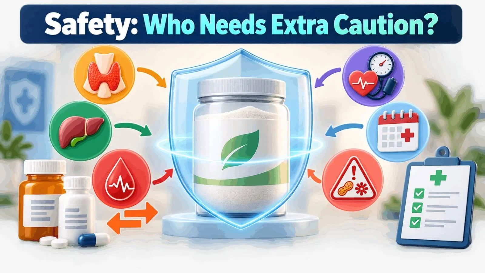 Flow Men's Vitality Blend safety icons showing health warnings for medical conditions and prescription medications.