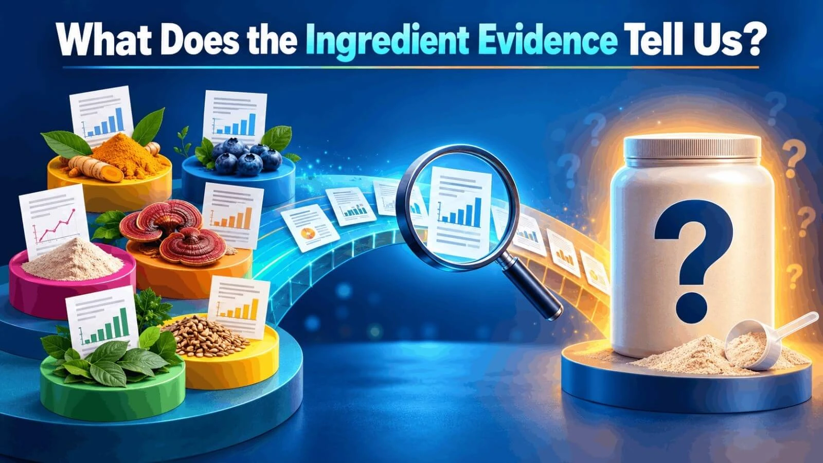 Magnifying glass reviewing clinical evidence research papers for Flow Men's Vitality Blend formula.