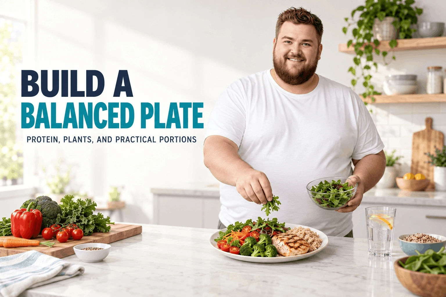 Healthy protein and plant-based balanced plate for men's belly fat removal.