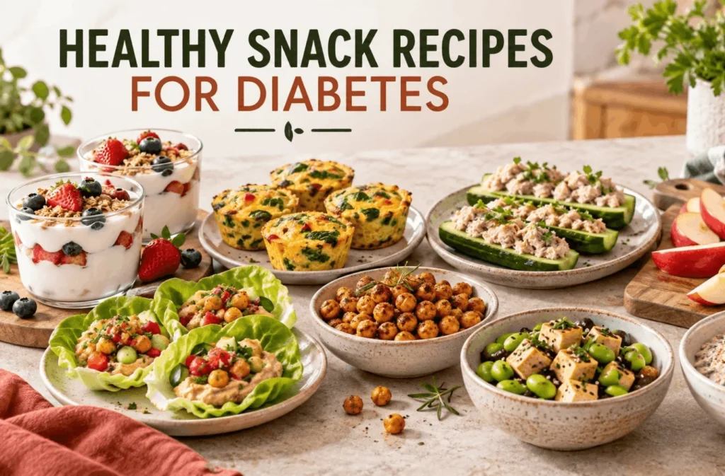 Overview of healthy snacks recipes for diabetics featuring yogurt chia cups, egg muffins, cucumber tuna boats, and chickpeas.