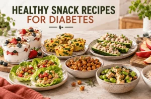 Overview of healthy snacks recipes for diabetics featuring yogurt chia cups, egg muffins, cucumber tuna boats, and chickpeas.