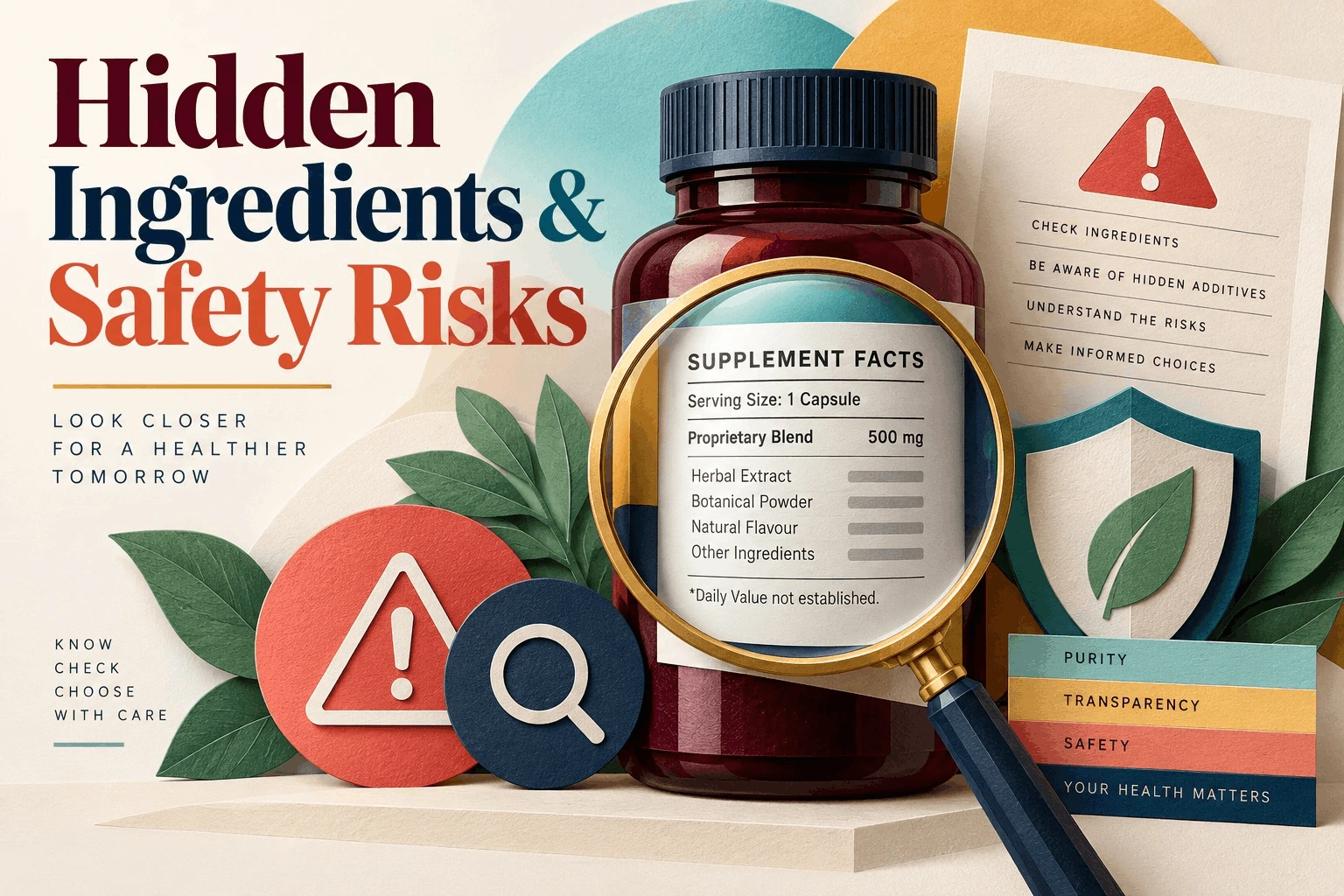 Magnifying glass reviewing proprietary blend label on a supplement bottle with warning signs and safety checks.
