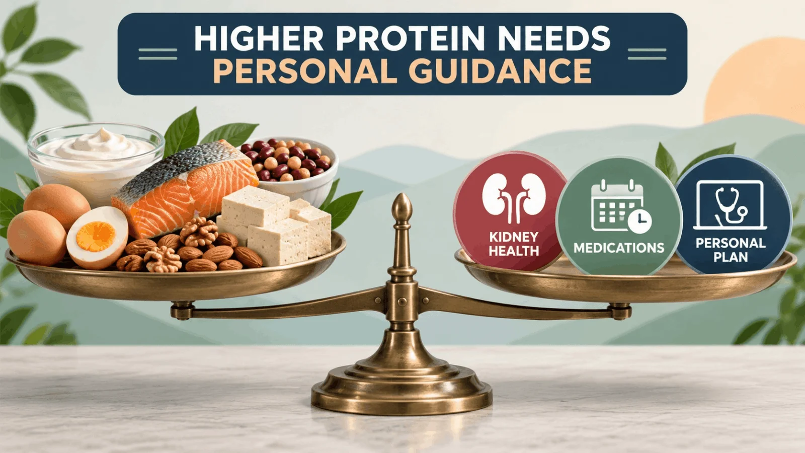 Brass balance scale weighing protein-rich foods like salmon, eggs, tofu, and nuts against medical considerations including kidney health, medications, and a personal doctor plan.