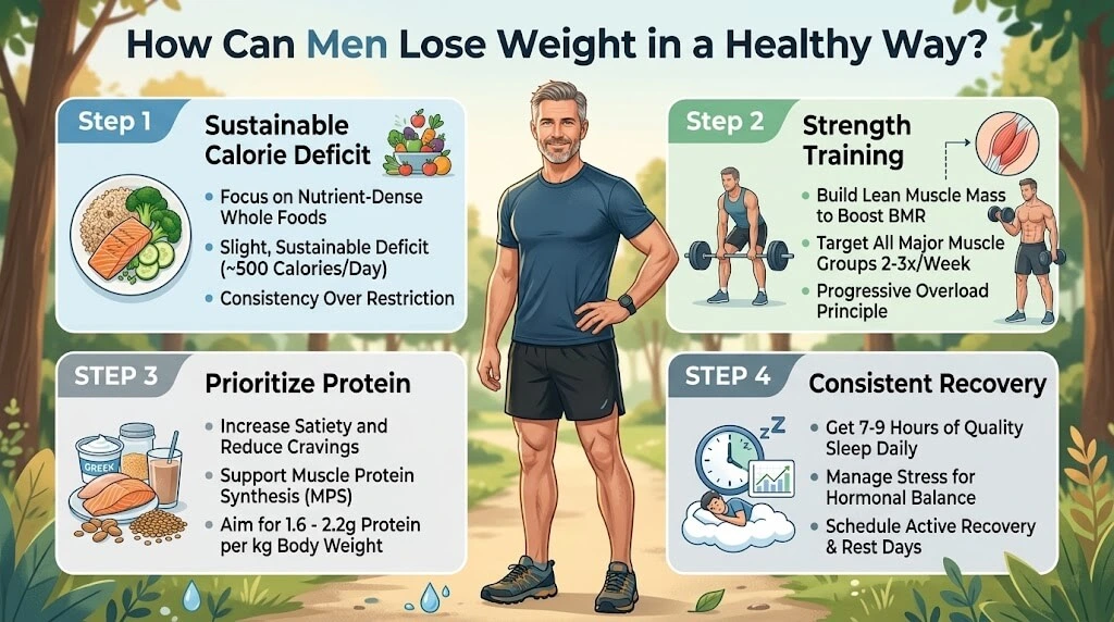 Infographic illustrating how men can lose weight in a healthy way through sustainable calorie deficit, strength training, high protein diet, and consistent recovery.