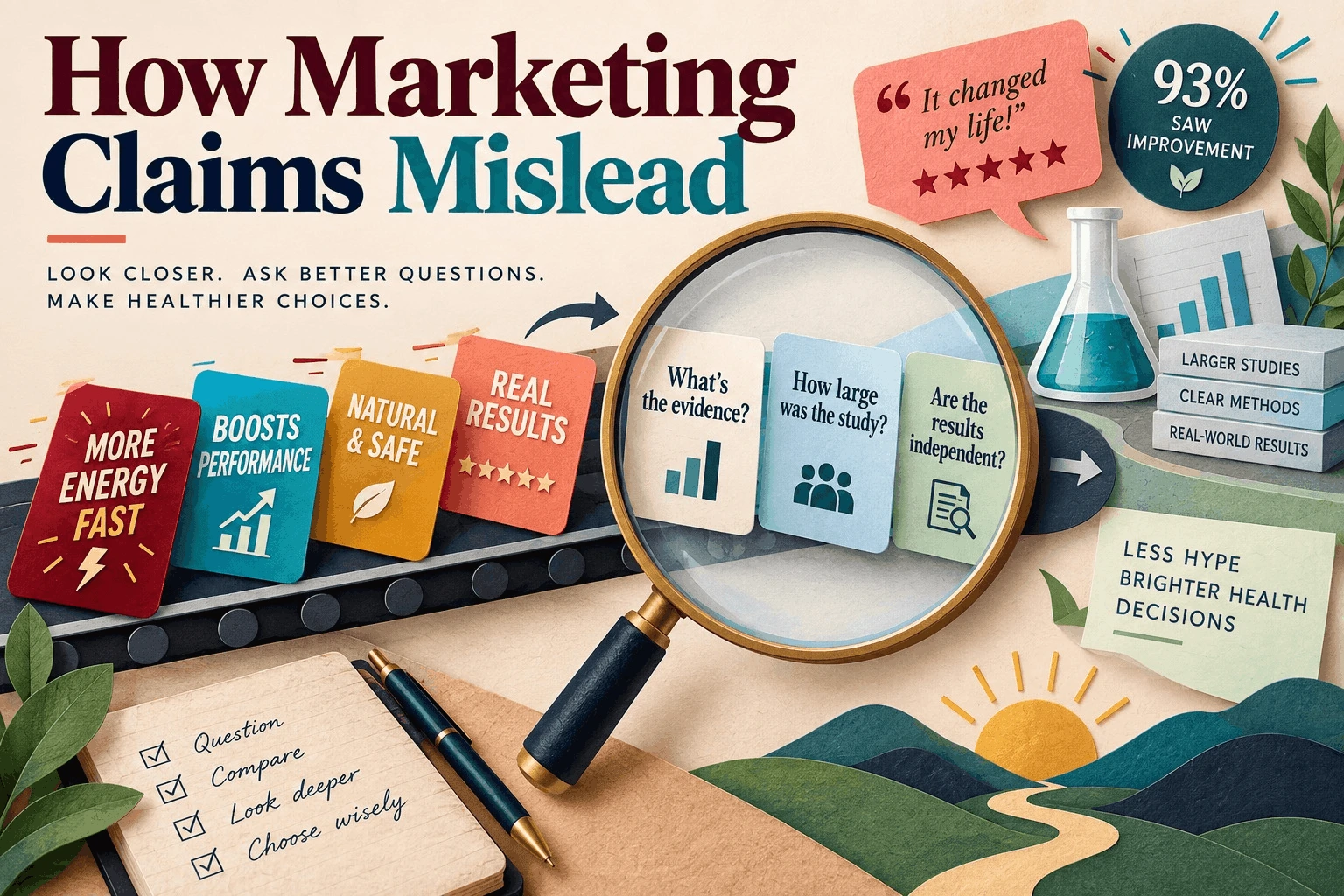 Magnifying glass examining misleading marketing claims vs real research evidence and study sizes.