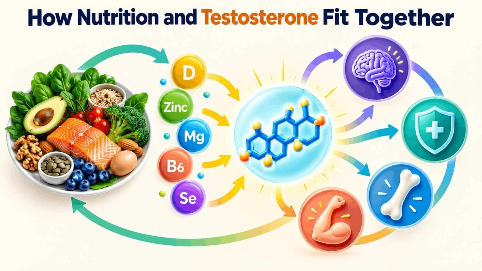 Diagram showing how nutrition and vitamins like zinc and magnesium fit together with testosterone.