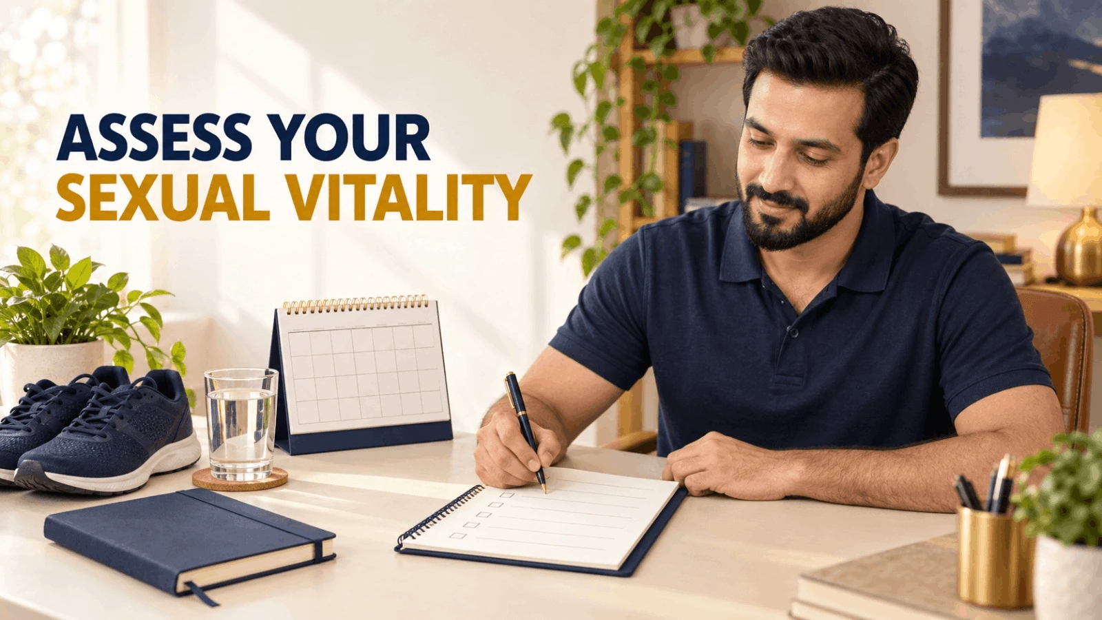 A man writing in a notebook to assess his overall sexual vitality and weekly patterns