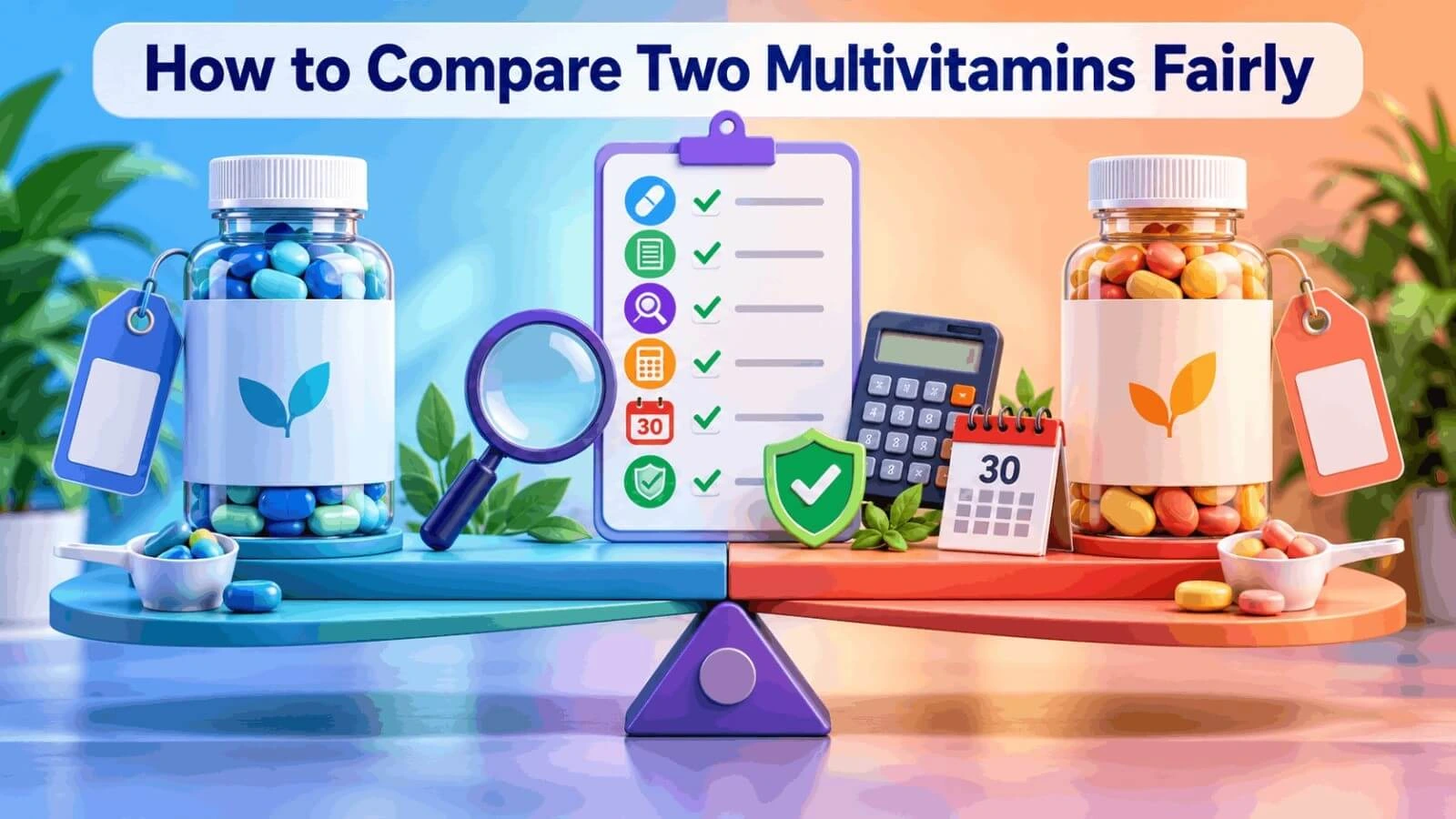 Comparing two multivitamin bottles on a scale to choose the best men's multivitamin for testosterone.