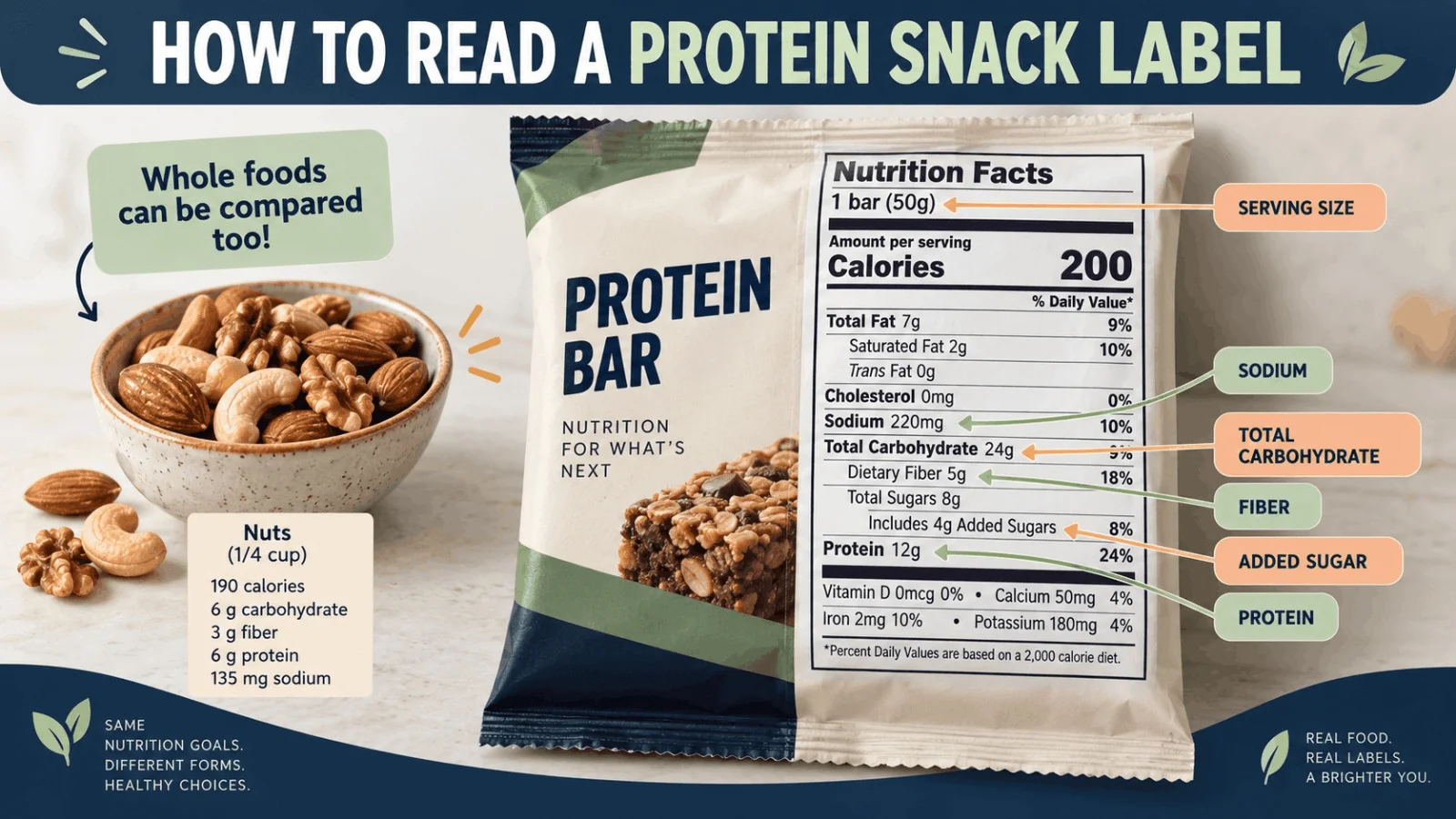 Nutrition Facts label breakdown on a protein bar packet highlighting serving size, sodium, total carbohydrates, fiber, added sugar, and protein content compared to whole nuts.