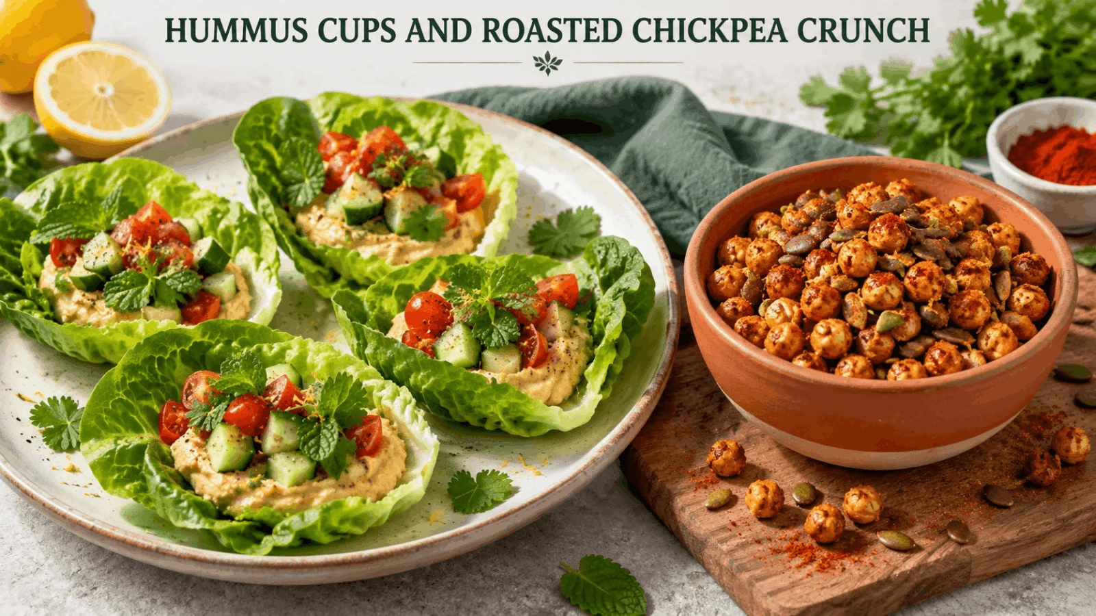 Fresh hummus lettuce cups topped with diced tomatoes and a bowl of crispy roasted chickpeas with pumpkin seeds.