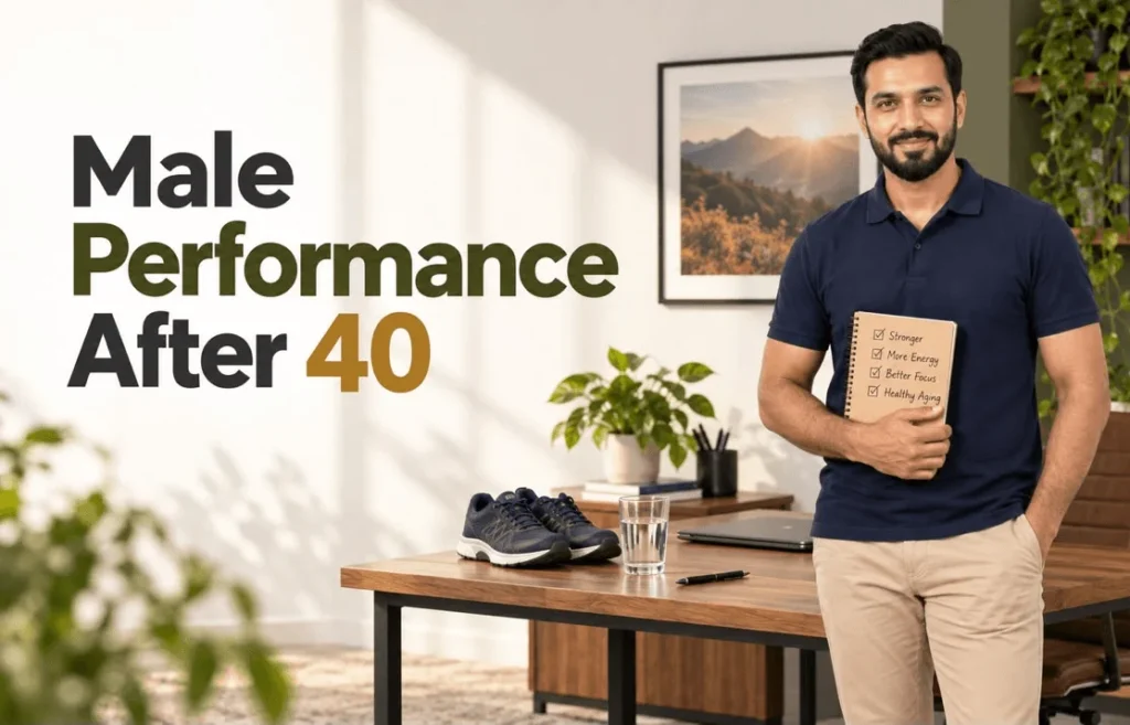 Male performance after 40 guide featuring a man holding a personal health scorecard notebook in an office