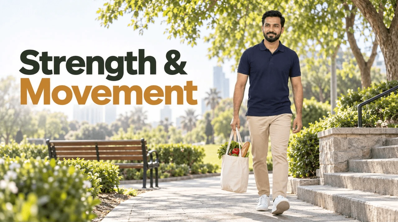 A fit man over 40 carrying groceries outdoors to demonstrate physical strength and movement for male performance after 40.