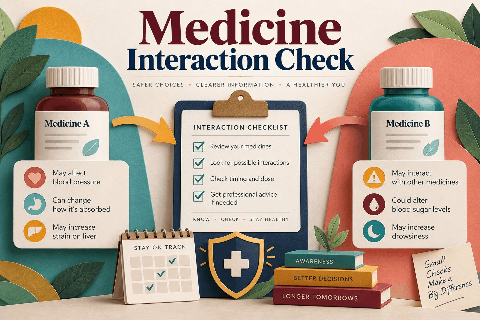 Interaction checklist clipboard between two medicine bottles explaining potential health risks and interactions.