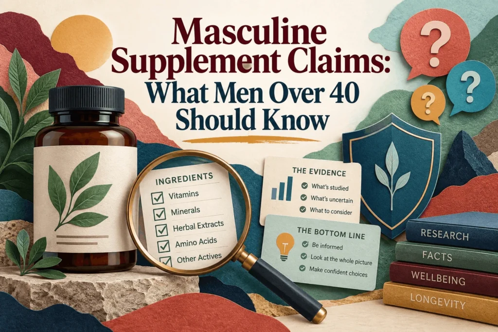 Masculine supplement claims overview showing ingredients checklist, research evidence, and books on health facts.