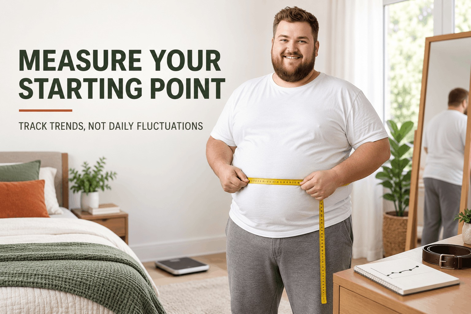 man measuring waist for weight loss milestone tracking