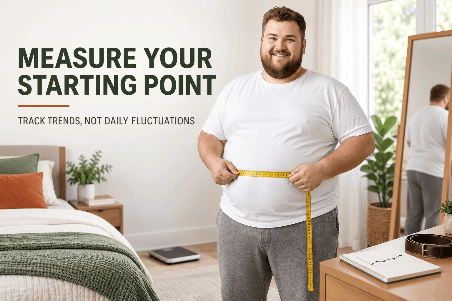 man measuring waist size to track stomach fat reduction after 40