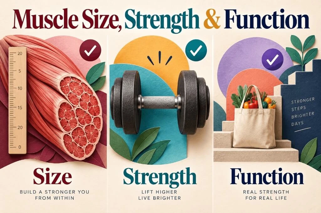 Muscle size, strength, and function improvements supported by proper nutrition.