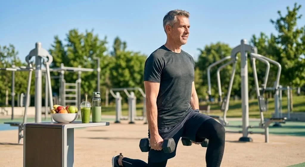 Fit active man over 40 enjoying a healthy lifestyle with workout, nutritious food, and good sleep for natural sexual health.