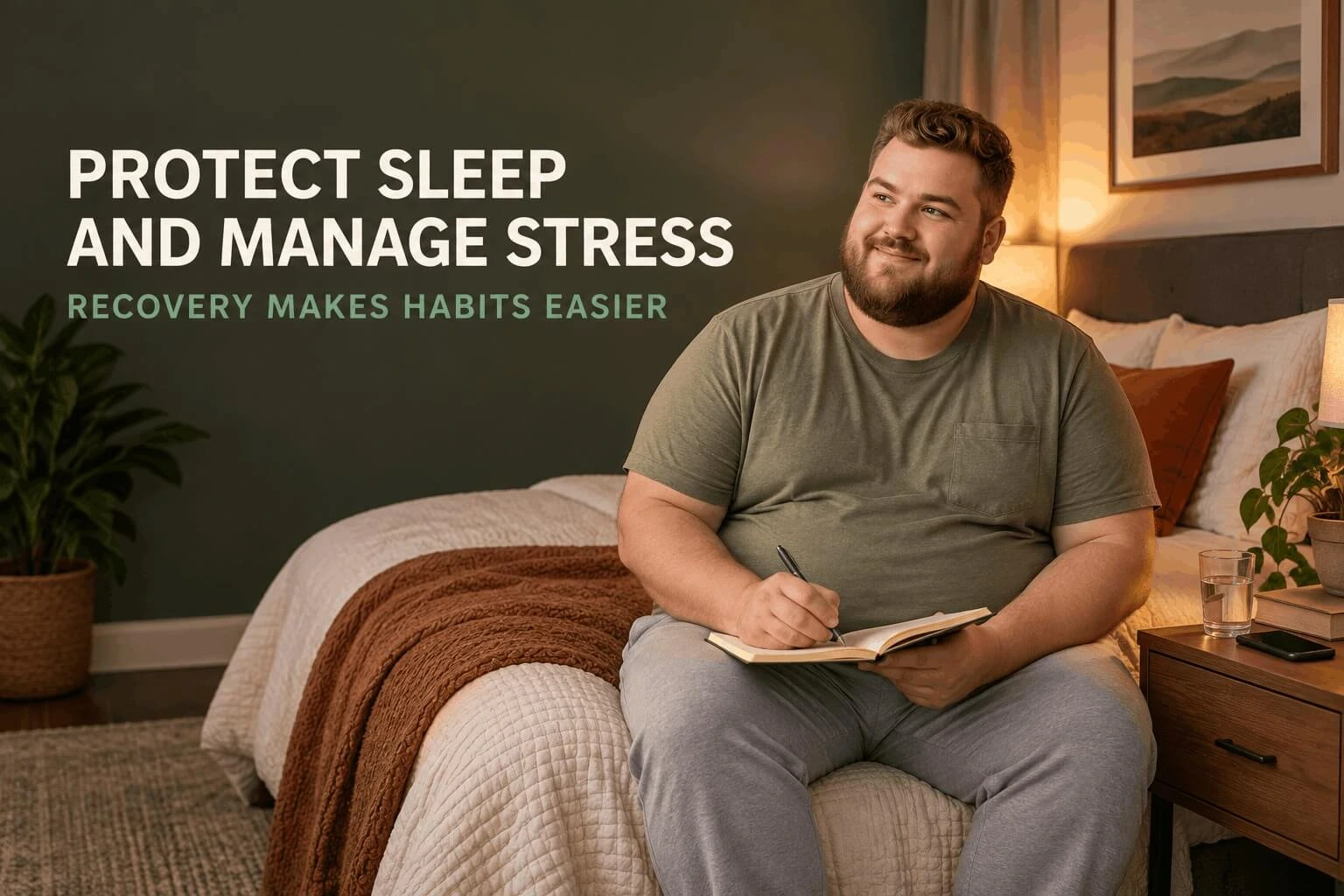 man journaling before bed to manage stress and improve sleep recovery