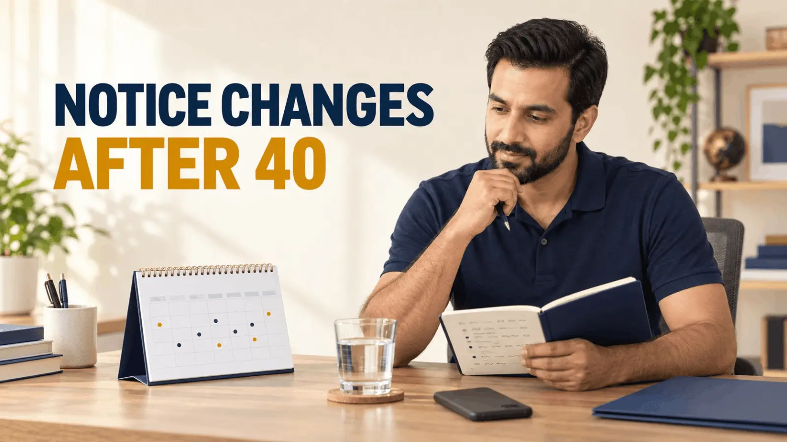 A man looking at a desk calendar to notice health and vitality changes after 40