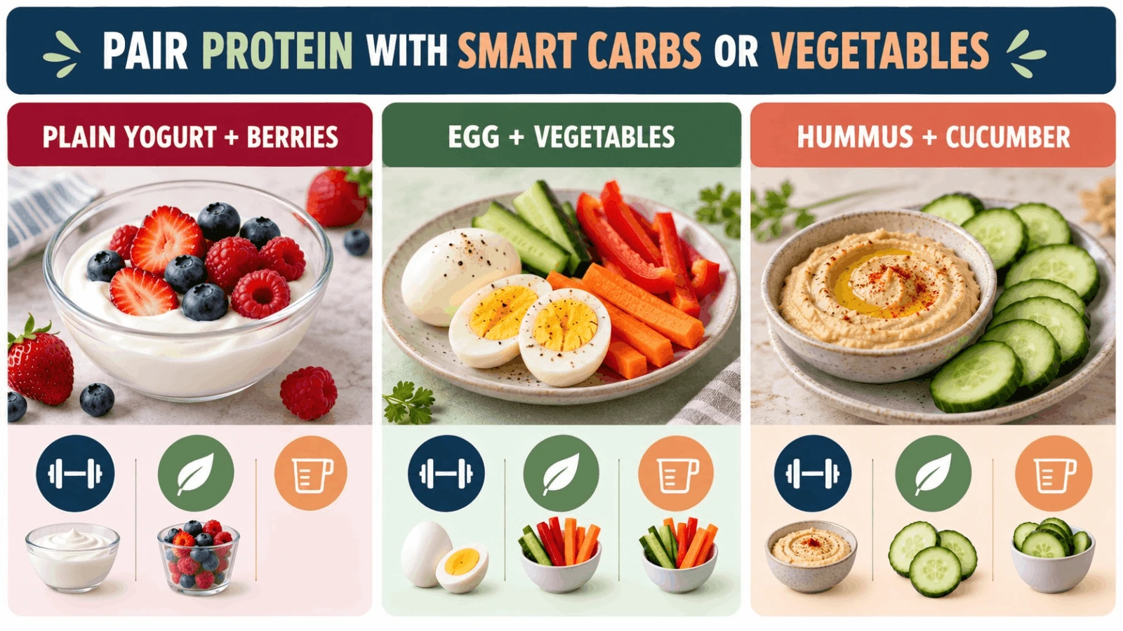 Visual guide showing how to pair protein sources like plain yogurt, boiled eggs, and hummus with berries, red peppers, carrots, and cucumbers for diabetes management.