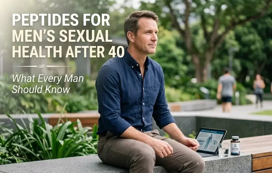 Peptides for men's sexual health guide showing a healthy man over 40 studying fitness and wellness options