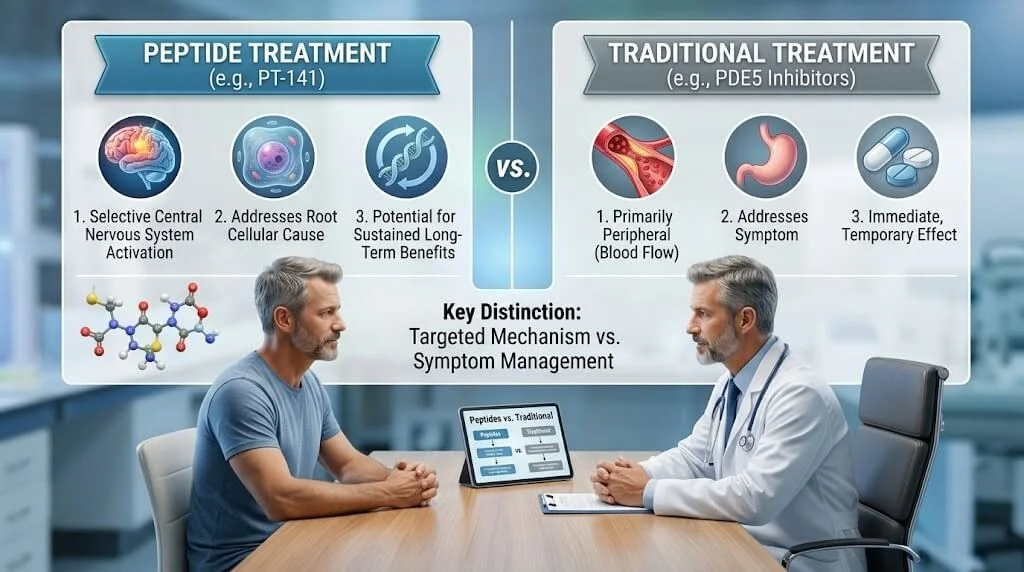 Infographic comparing peptides versus traditional male sexual health treatments, showing differences in mechanism and results.