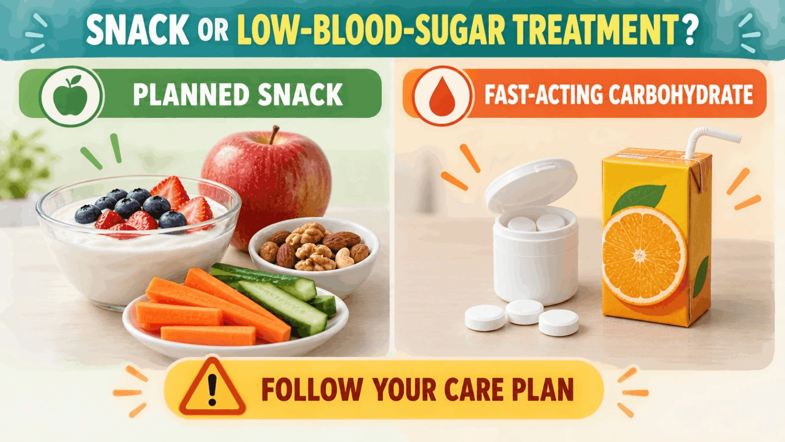 Visual comparison between a balanced planned snack (yogurt, nuts, veggies) and fast-acting carbohydrate treatment (glucose tablets, orange juice) for low blood sugar.