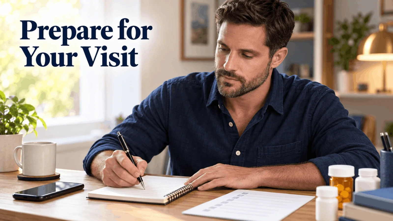 A man taking notes on a notepad next to medication bottles with text overlay Prepare for Your Visit