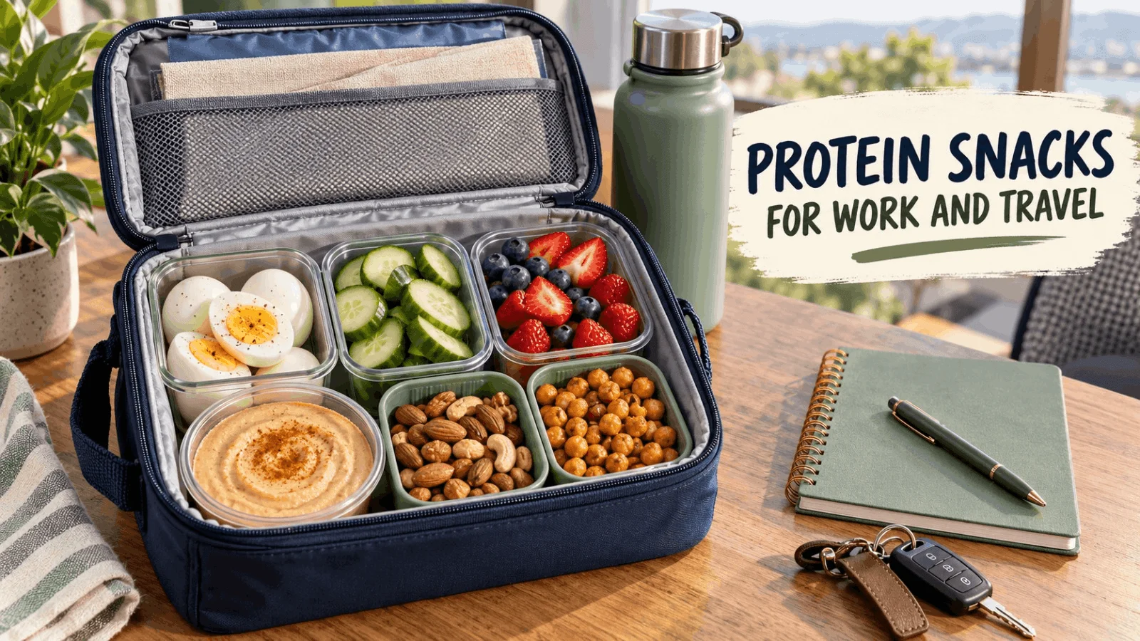 Packed lunchbox container filled with travel-friendly high-protein snacks such as boiled eggs, roasted chickpeas, almonds, hummus, and sliced cucumbers next to a notebook and car keys.